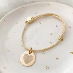 Bracelet enfant personnalisé cordon pailleté médaille gravée plaqué or 15 mm