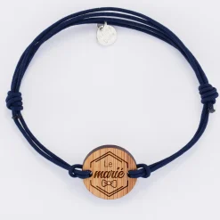 Bracelet EVG personnalisé cordon double médaille gravée bois ronde 2 trous 21 mm