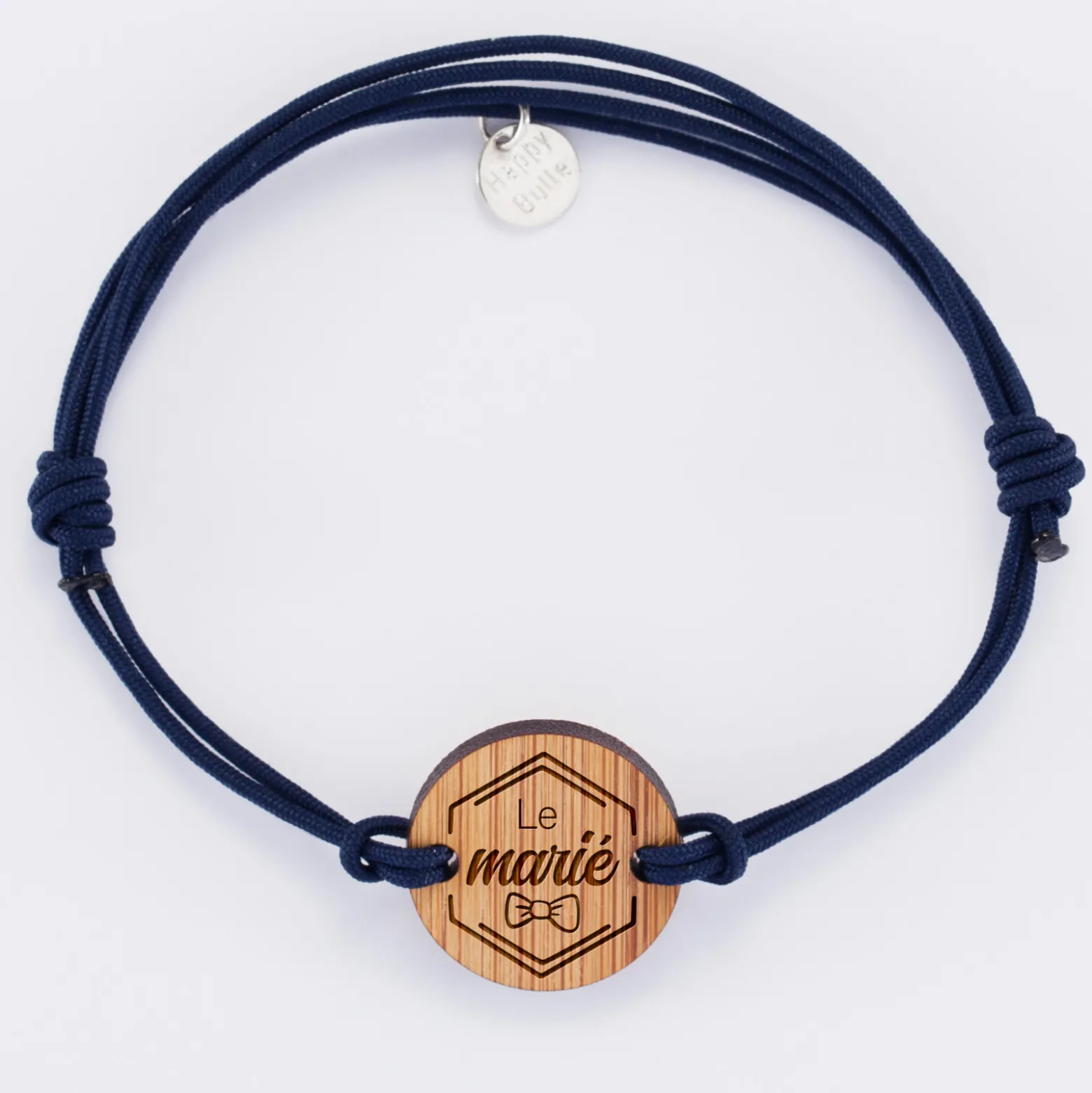 Bracelet EVG personnalisé cordon double médaille gravée bois ronde 2 trous 21 mm