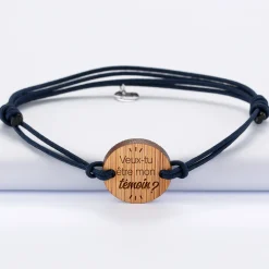 Bracelet EVG personnalisé cordon double médaille gravée bois ronde 2 trous 21 mm