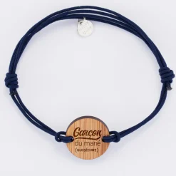 Bracelet EVG personnalisé cordon double médaille gravée bois ronde 2 trous 21 mm