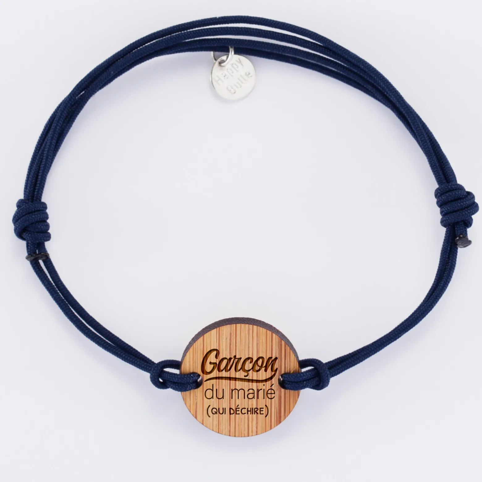 Bracelet EVG personnalisé cordon double médaille gravée bois ronde 2 trous 21 mm