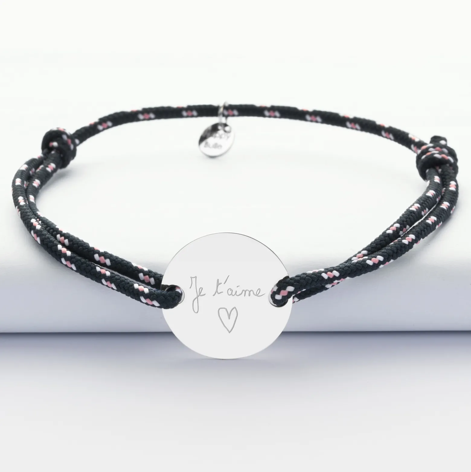 Bracelet EVG personnalisé cordage marin simple médaille gravée argent 2 trous 20 mm