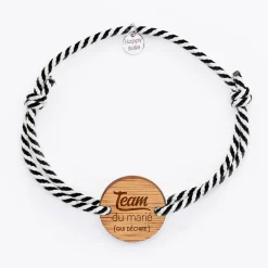 Bracelet EVG personnalisé cordon marin tressé médaille gravée bois ronde 2 trous 21 mm