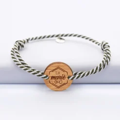 Bracelet EVG personnalisé cordon marin tressé médaille gravée bois ronde 2 trous 21 mm