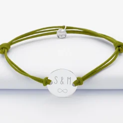 Bracelet EVG personnalisé cordon doublé médaille gravée argent 2 trous 20 mm