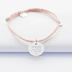 Bracelet EVJF personnalisé cordon pailleté médaille gravée argent 15 mm