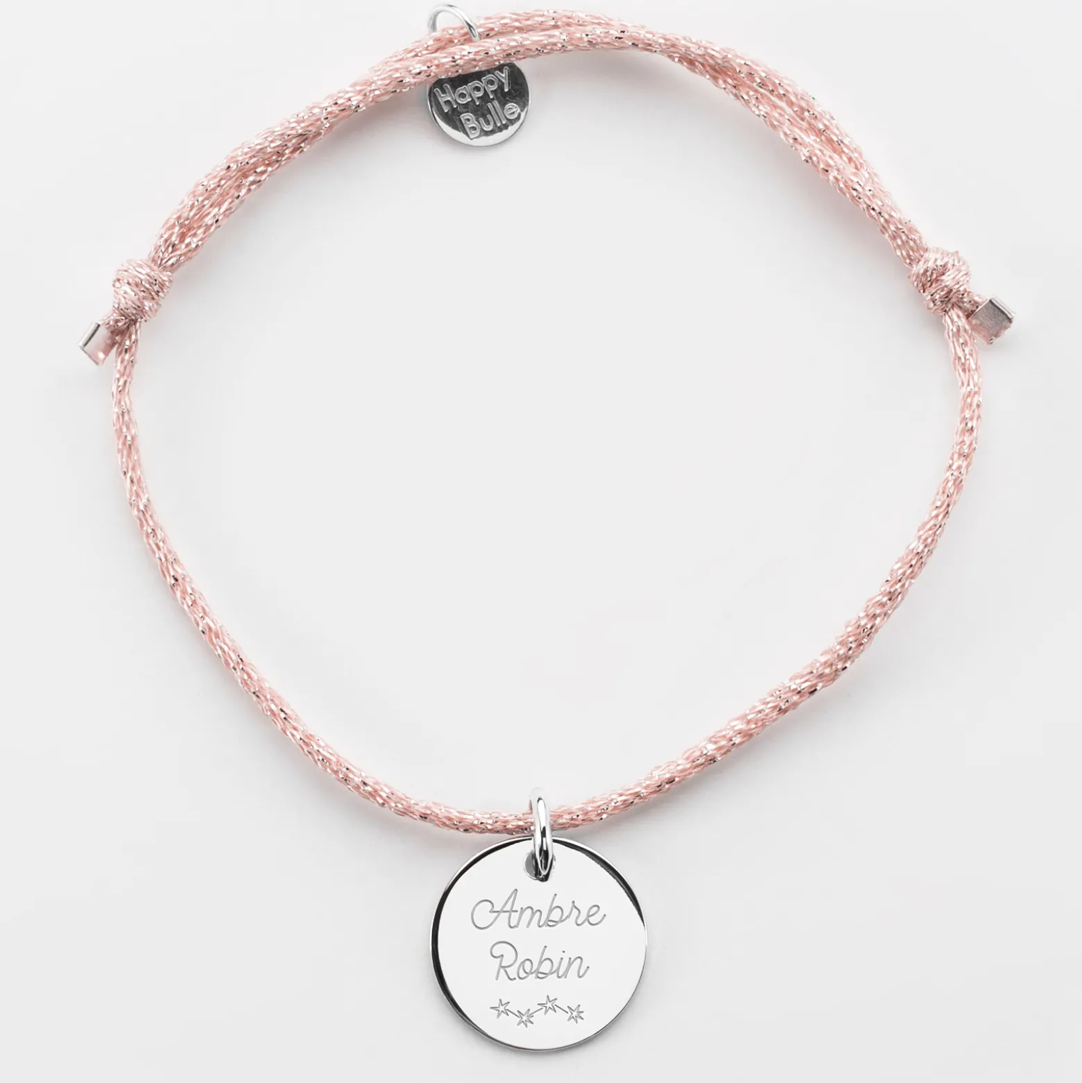 Bracelet EVJF personnalisé cordon pailleté médaille gravée argent 15 mm