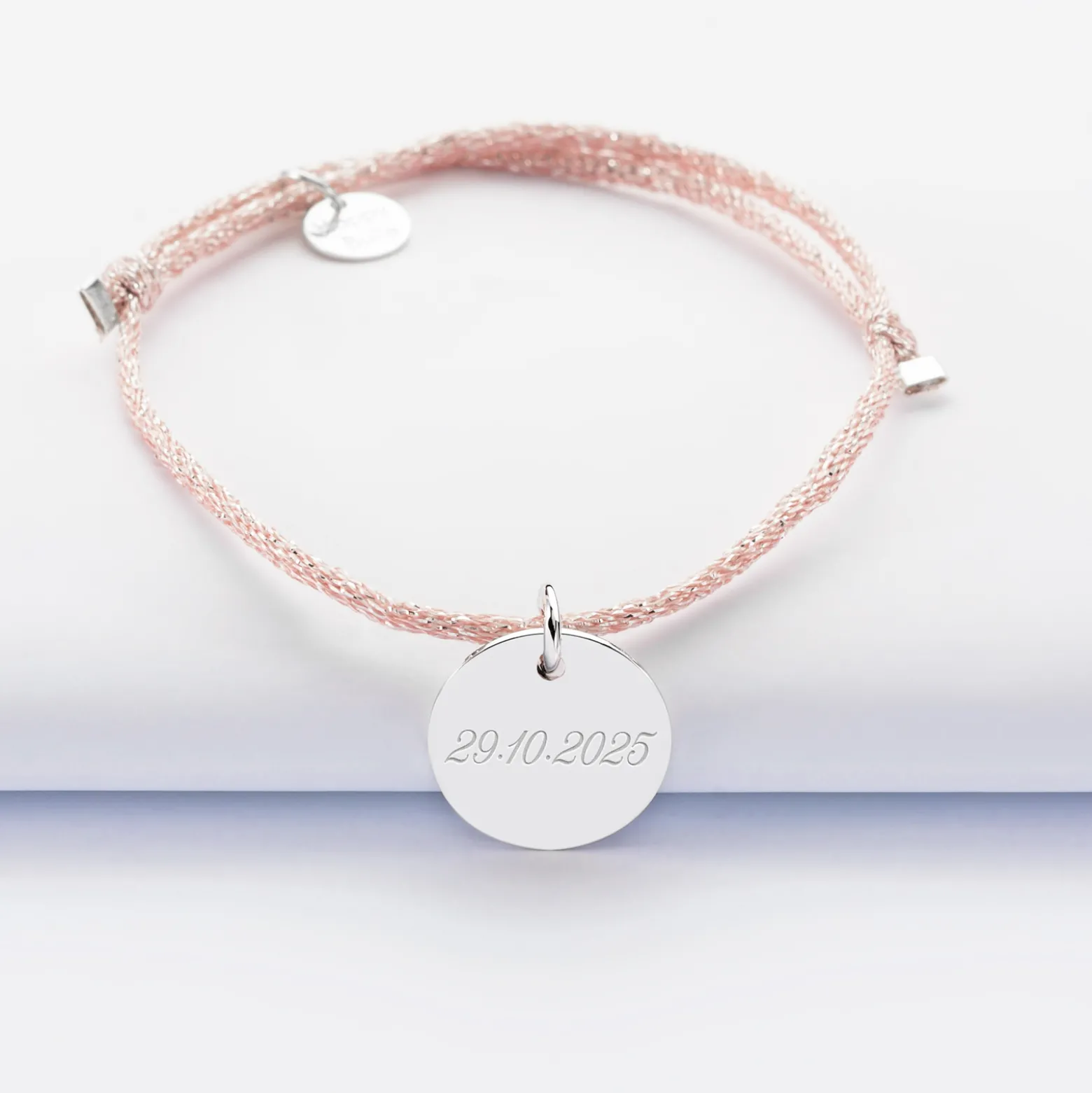 Bracelet EVJF personnalisé cordon pailleté médaille gravée argent 15 mm