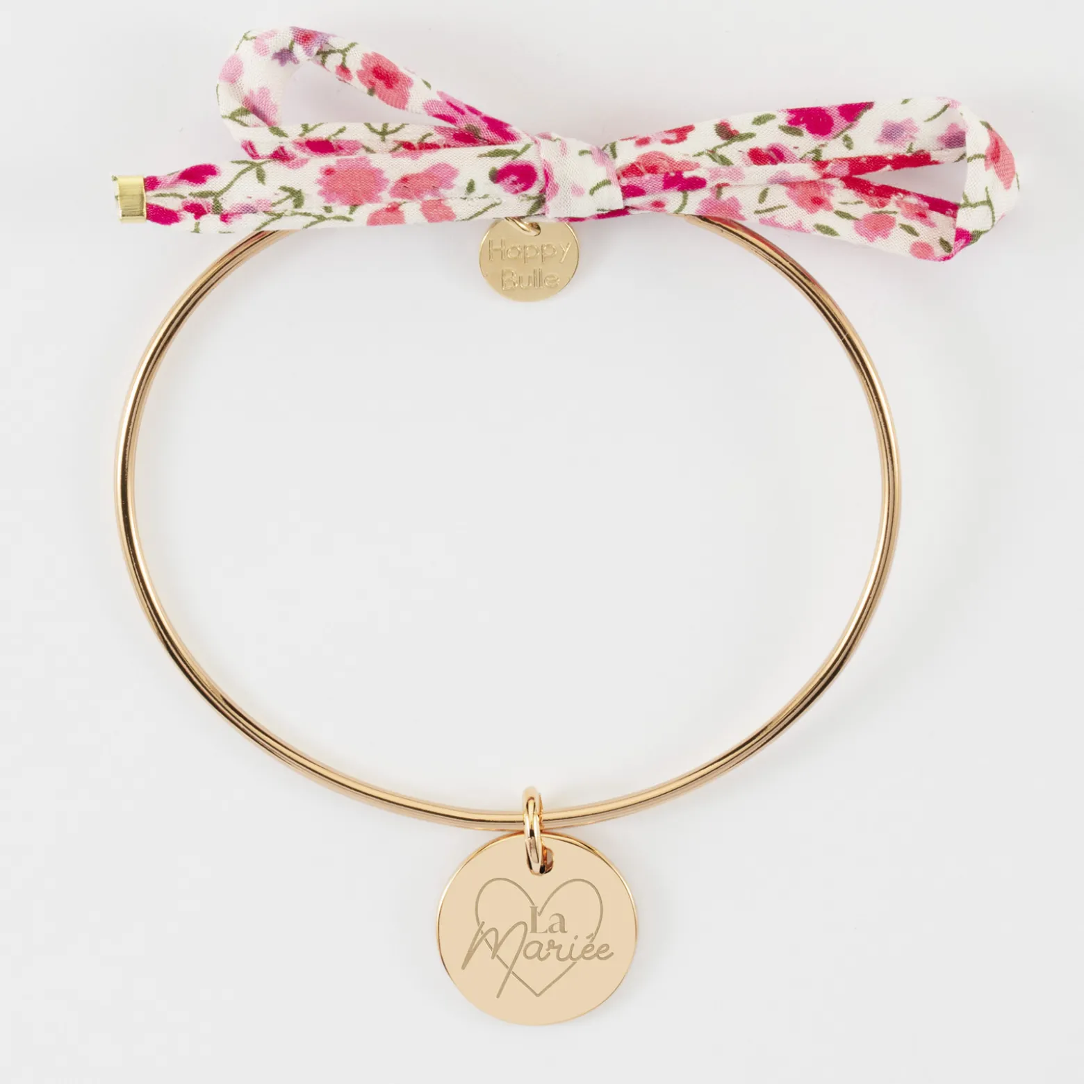 Bracelet EVJF personnalisé jonc plaqué or et cordon Liberty médaille gravée 15 mm