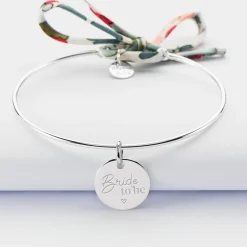 Bracelet EVJF personnalisé jonc argent et cordon Liberty médaille gravée 15 mm