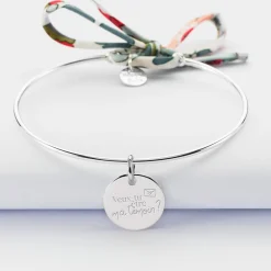 Bracelet EVJF personnalisé jonc argent et cordon Liberty médaille gravée 15 mm