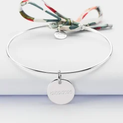 Bracelet EVJF personnalisé jonc argent et cordon Liberty médaille gravée 15 mm