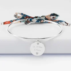 Bracelet EVJF personnalisé jonc argent et cordon Liberty médaille gravée 15 mm