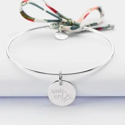 Bracelet Famille des mariés personnalisé jonc argent et cordon Liberty médaille gravée 15 mm