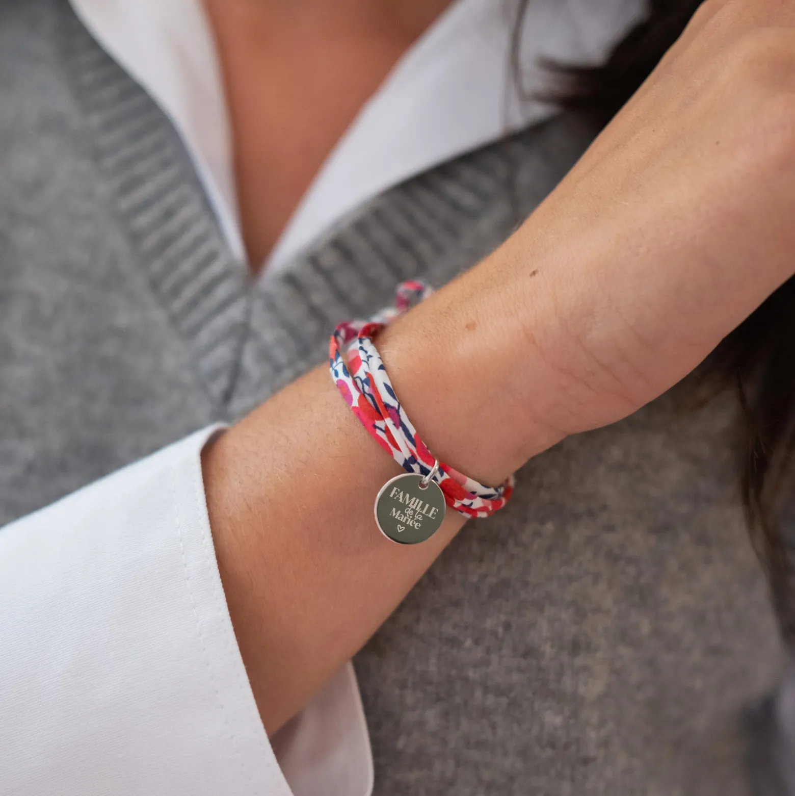 Bracelet Famille des mariés 3 tours Liberty personnalisé médaille gravée argent 15 mm