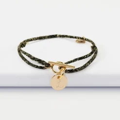 Bracelet fermoir personnalisé cordon pailleté médaille gravée plaqué or initiale 10 mm