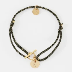 Bracelet fermoir personnalisé cordon pailleté médaille gravée plaqué or initiale 10 mm