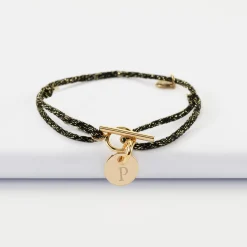 Bracelet fermoir personnalisé cordon pailleté médaille gravée plaqué or initiale 10 mm