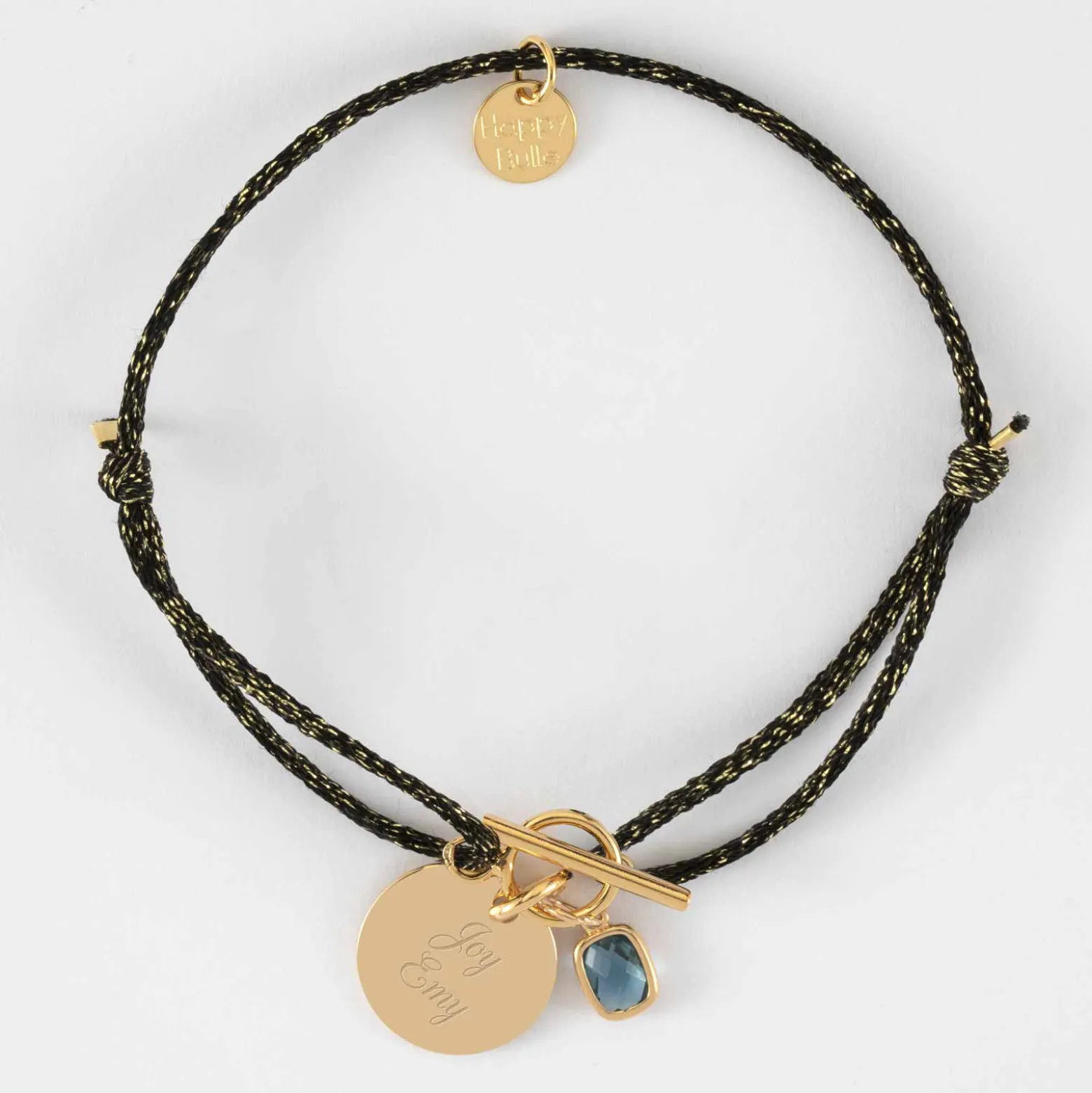 Bracelet fermoir personnalisé cordon pailleté médaille gravée plaqué or 15 mm et breloque rectangle zircon plaqué or 9 mm