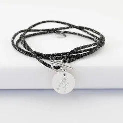 Bracelet fermoir personnalisé cordon 3 tours pailleté médaille gravée argent 15 mm