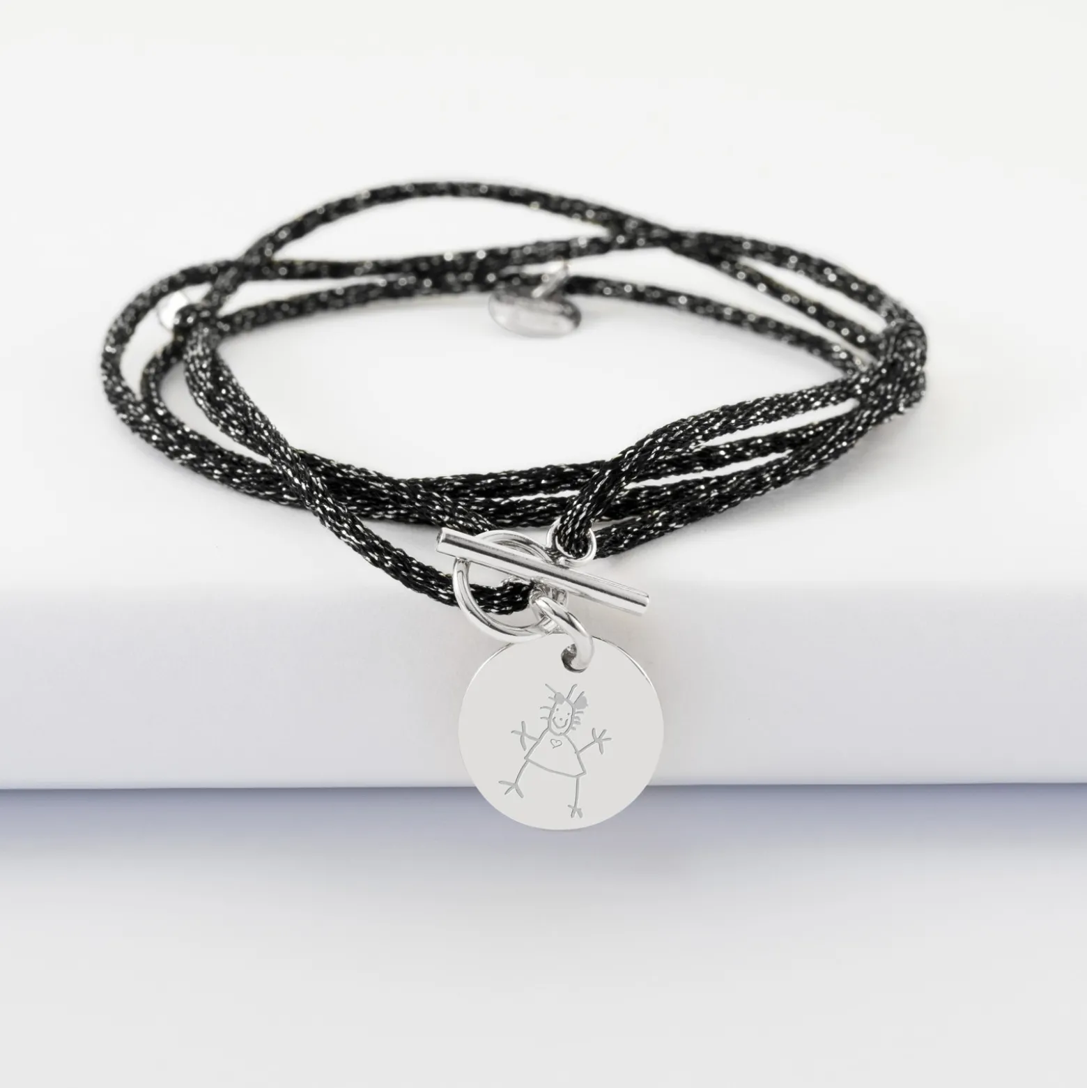 Bracelet fermoir personnalisé cordon 3 tours pailleté médaille gravée argent 15 mm