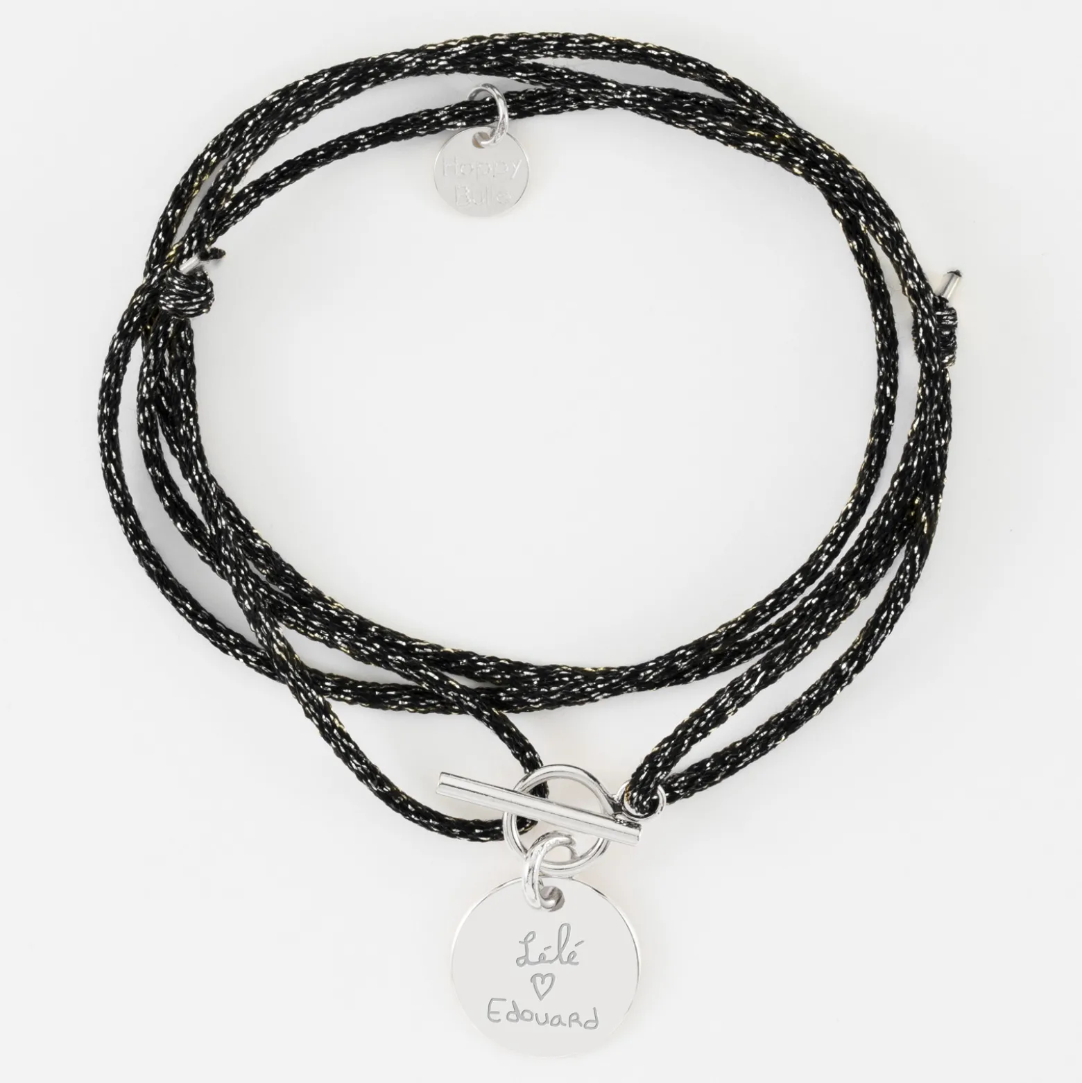 Bracelet fermoir personnalisé cordon 3 tours pailleté médaille gravée argent 15 mm