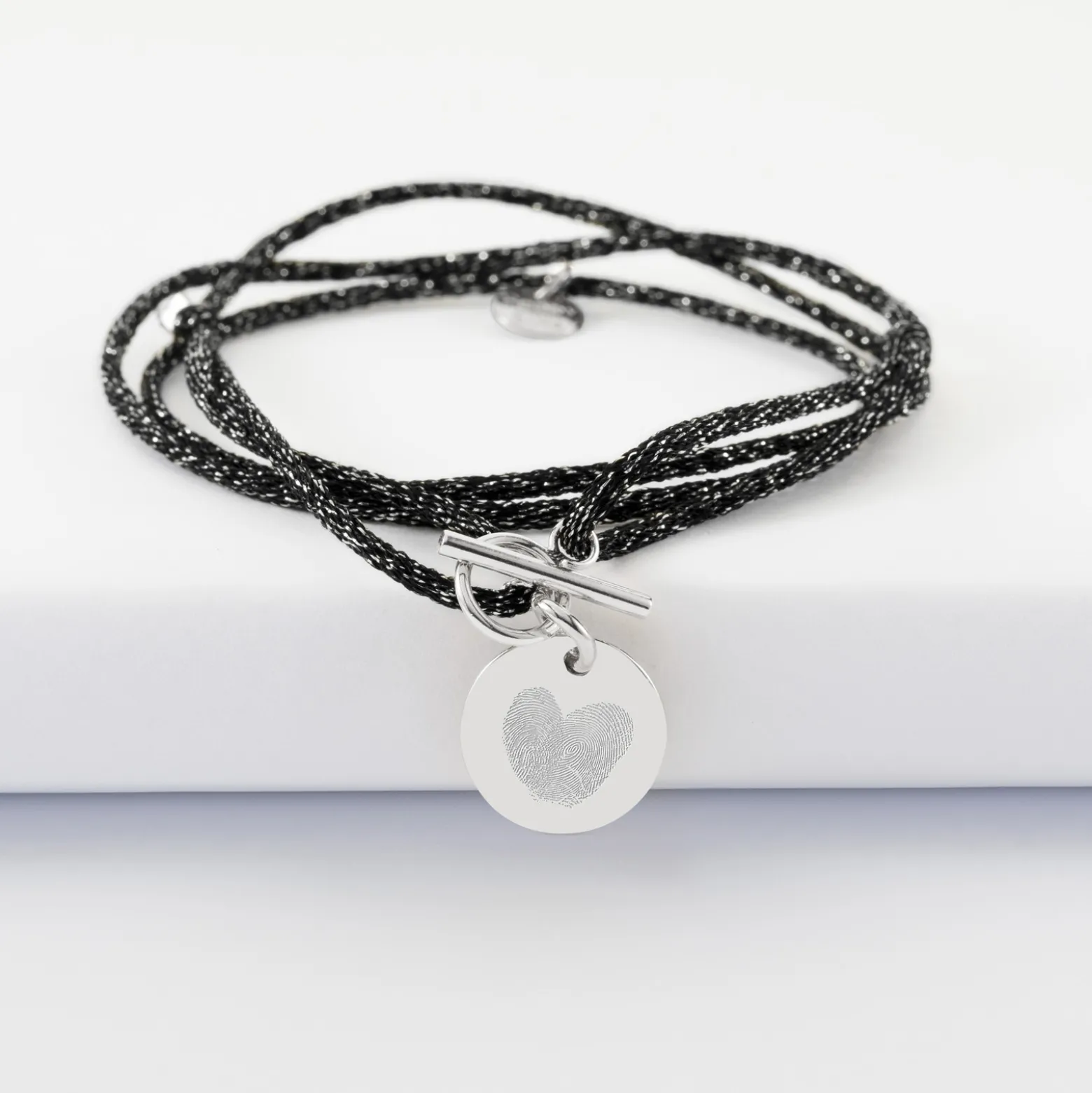 Bracelet fermoir personnalisé cordon 3 tours pailleté médaille gravée argent 15 mm