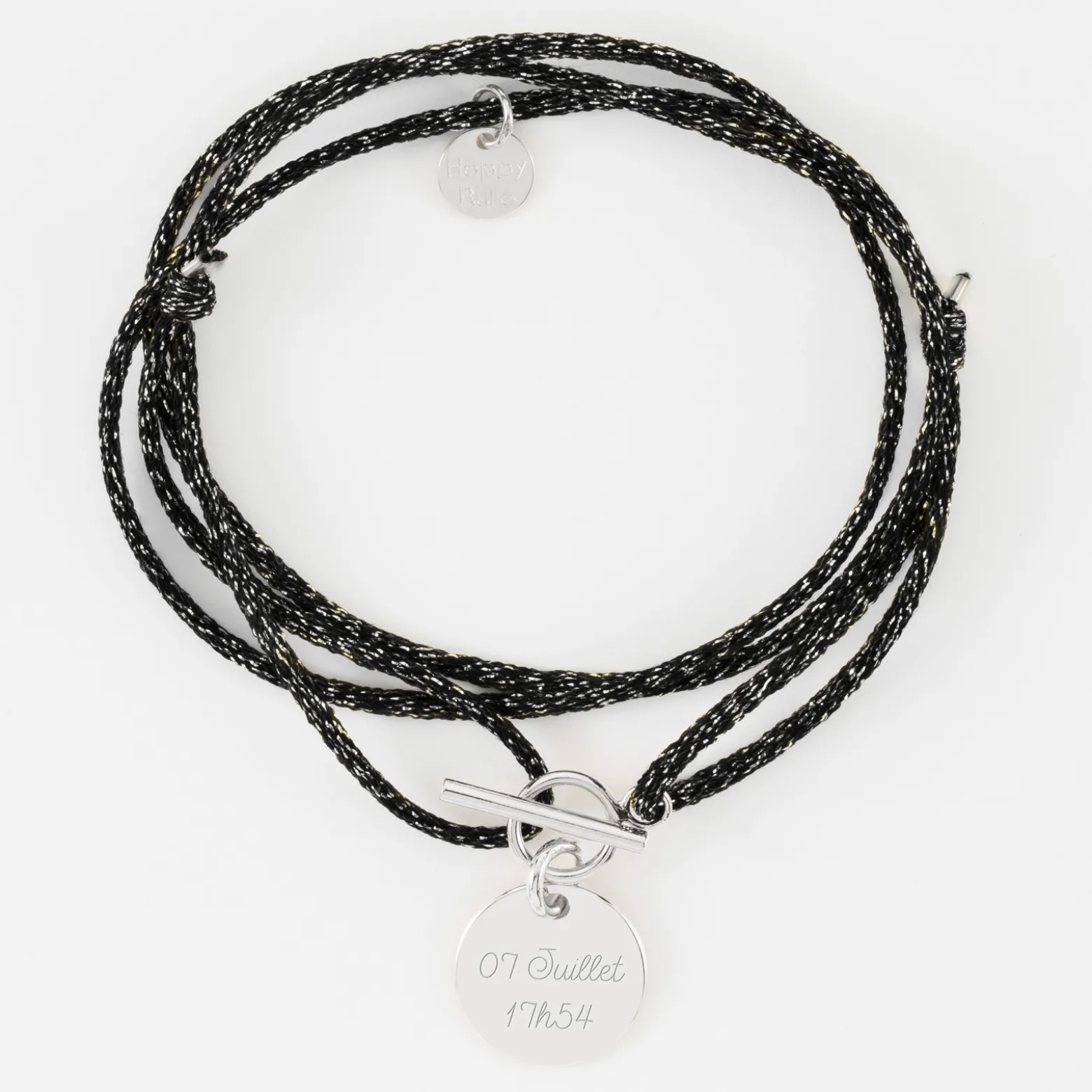 Bracelet fermoir personnalisé cordon 3 tours pailleté médaille gravée argent 15 mm