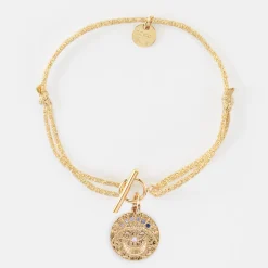 Bracelet fermoir personnalisé cordon pailleté médaille Lune zircons crépuscule gravée plaqué or 16 mm
