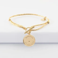Bracelet fermoir personnalisé cordon pailleté médaille Lune zircons crépuscule gravée plaqué or 16 mm