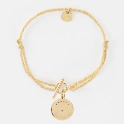 Bracelet fermoir personnalisé cordon pailleté médaille Lune zircons crépuscule gravée plaqué or 16 mm