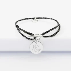 Bracelet fermoir personnalisé cordon pailleté médaille gravée argent 15 mm