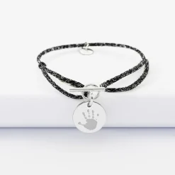 Bracelet fermoir personnalisé cordon pailleté médaille gravée argent 15 mm