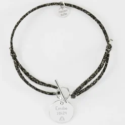 Bracelet fermoir personnalisé cordon pailleté médaille gravée argent 15 mm