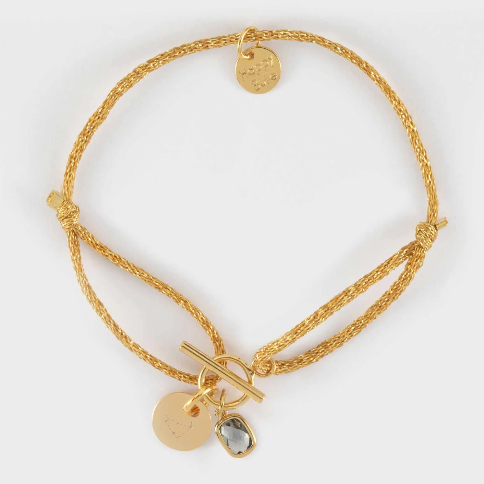 Bracelet fermoir personnalisé cordon pailleté médaille gravée plaqué or initiale 10 mm et breloque rectangle zircon plaqué or 9 mm