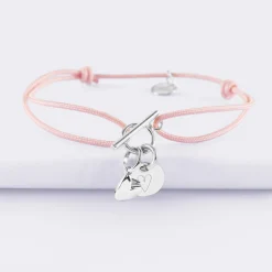 Bracelet fermoir personnalisé cordon médaille gravée argent initiale 10 mm et breloque petit coeur bombé 7 mm - HappyBulle x Atelier Wagram