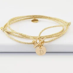 Bracelet fermoir personnalisé cordon 3 tours pailleté médaille gravée plaqué or initiale 10 mm