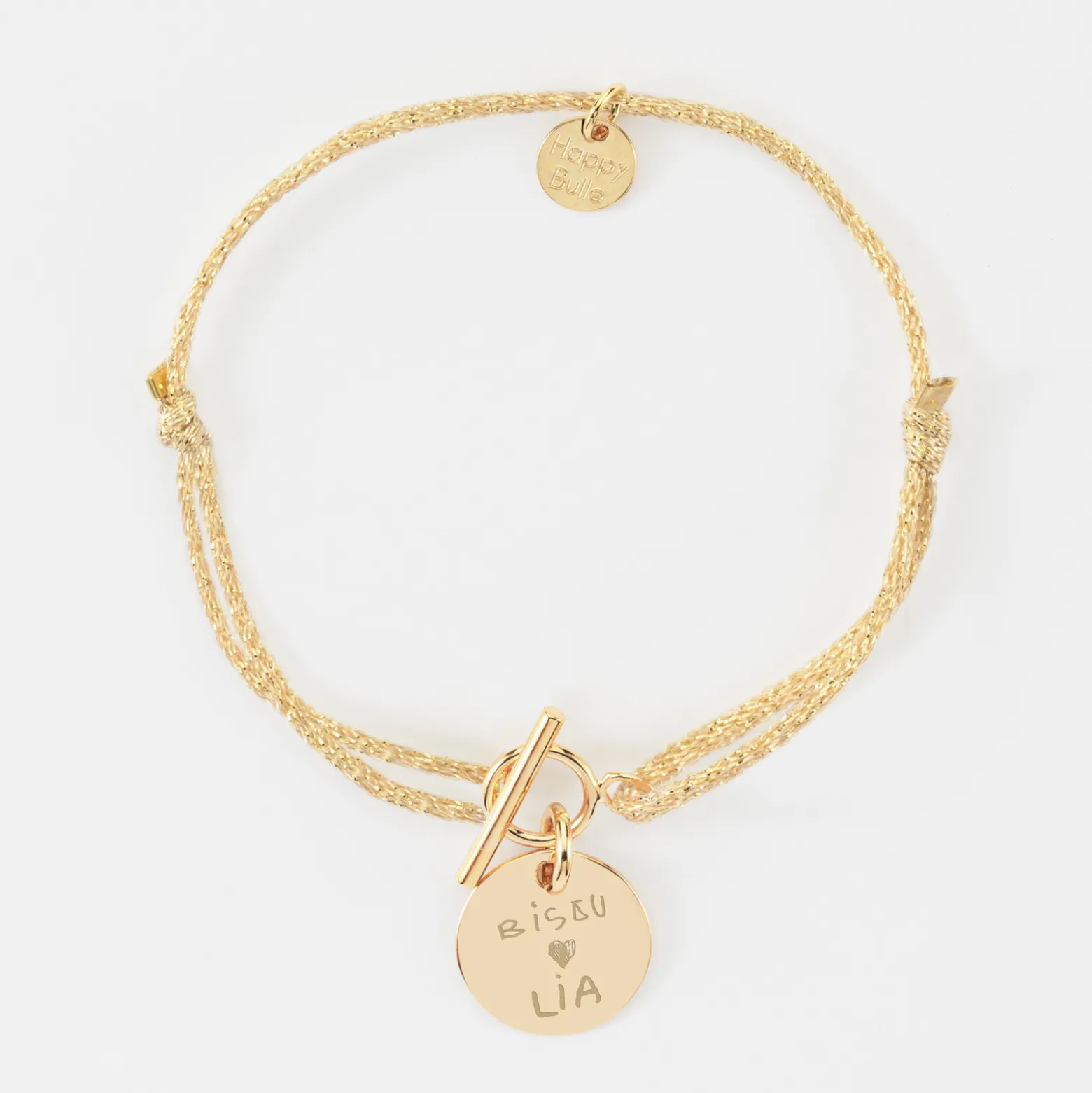 Bracelet fermoir personnalisé cordon pailleté médaille gravée plaqué or 15 mm