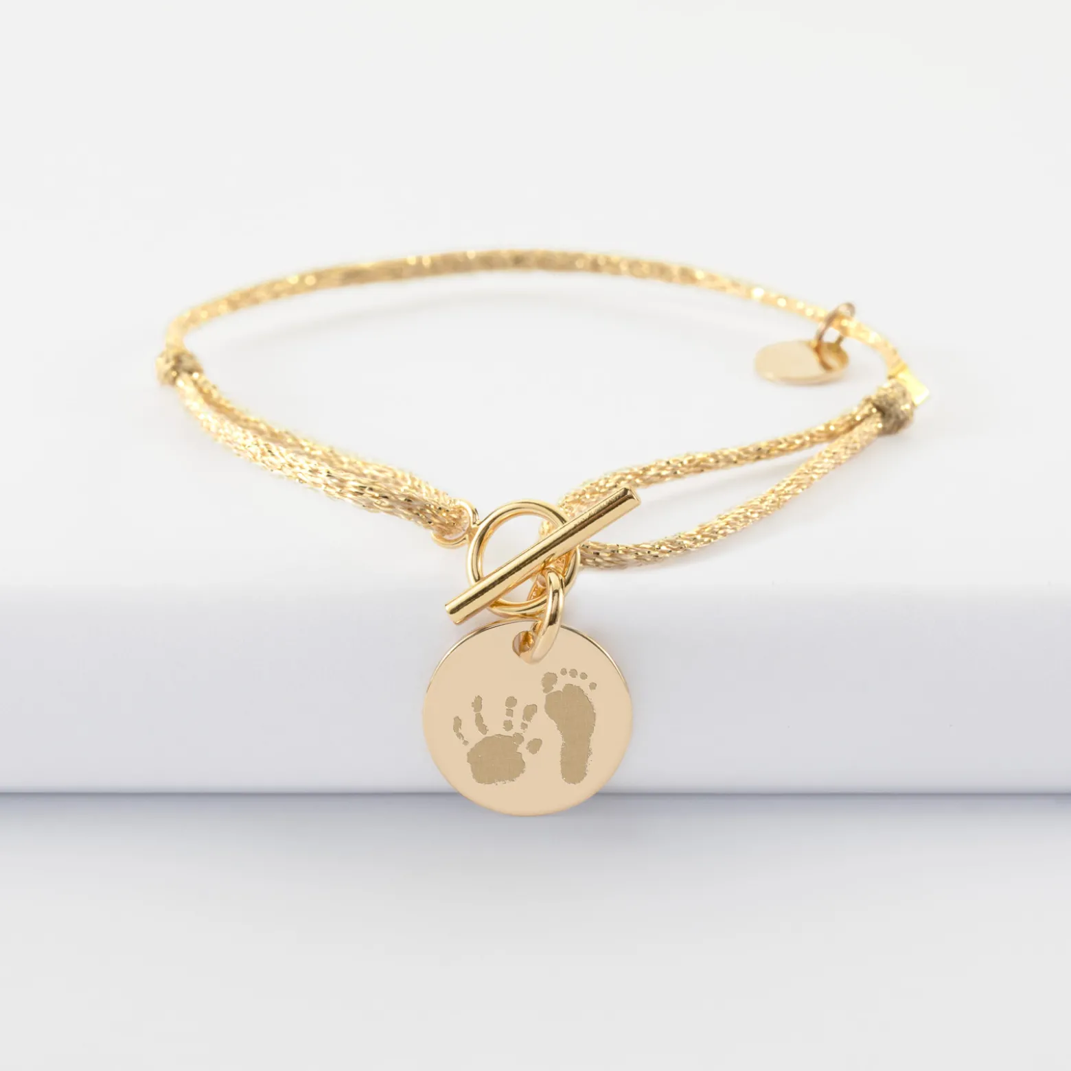 Bracelet fermoir personnalisé cordon pailleté médaille gravée plaqué or 15 mm