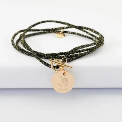 Bracelet fermoir personnalisé cordon 3 tours pailleté médaille gravée plaqué or 15 mm