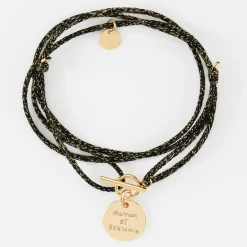 Bracelet fermoir personnalisé cordon 3 tours pailleté médaille gravée plaqué or 15 mm