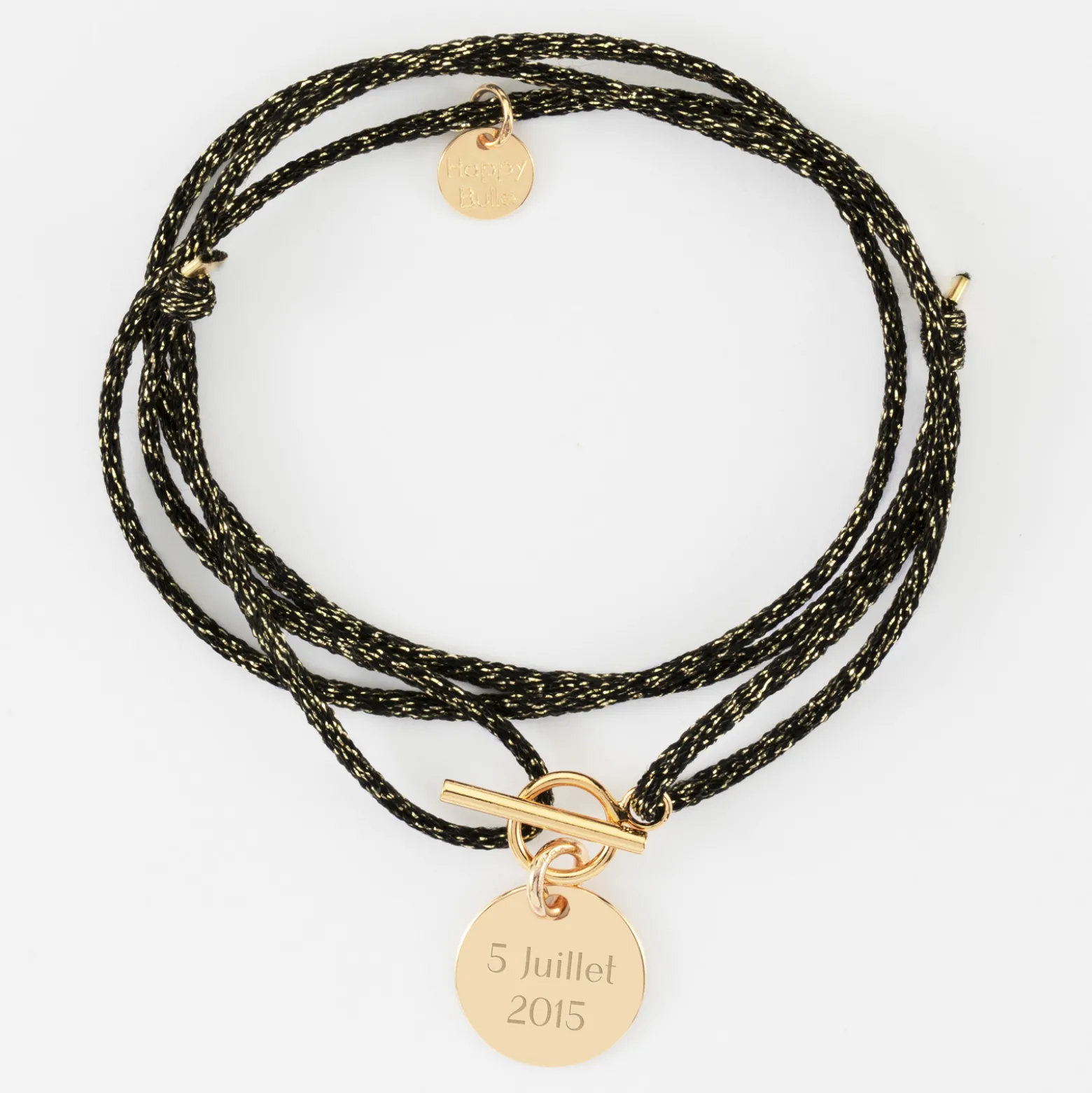 Bracelet fermoir personnalisé cordon 3 tours pailleté médaille gravée plaqué or 15 mm