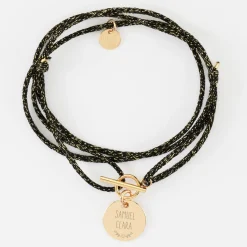Bracelet fermoir personnalisé cordon 3 tours pailleté médaille gravée plaqué or 15 mm