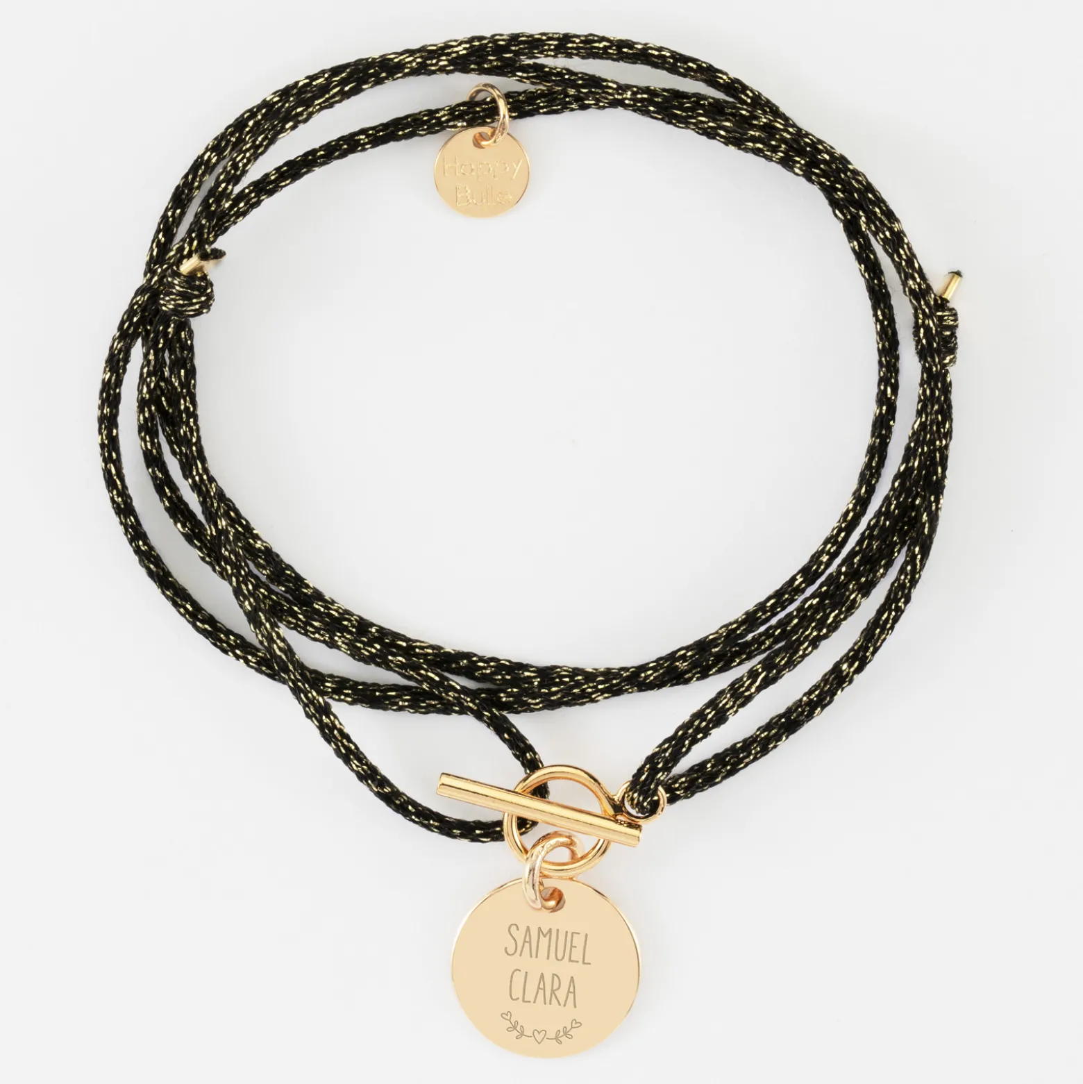 Bracelet fermoir personnalisé cordon 3 tours pailleté médaille gravée plaqué or 15 mm