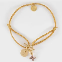 Bracelet fermoir personnalisé cordon pailleté médaille gravée plaqué or 10 mm et breloque fleur pétales zircons 10 mm