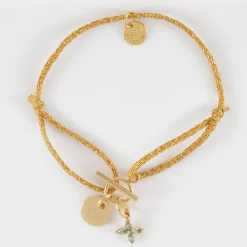 Bracelet fermoir personnalisé cordon pailleté médaille gravée plaqué or 10 mm et breloque fleur pétales zircons 10 mm