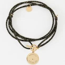 Bracelet fermoir personnalisé cordon 3 tours pailleté médaille Lune zircons crépuscule gravée plaqué or 16 mm