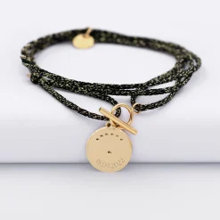 Bracelet fermoir personnalisé cordon 3 tours pailleté médaille Lune zircons crépuscule gravée plaqué or 16 mm