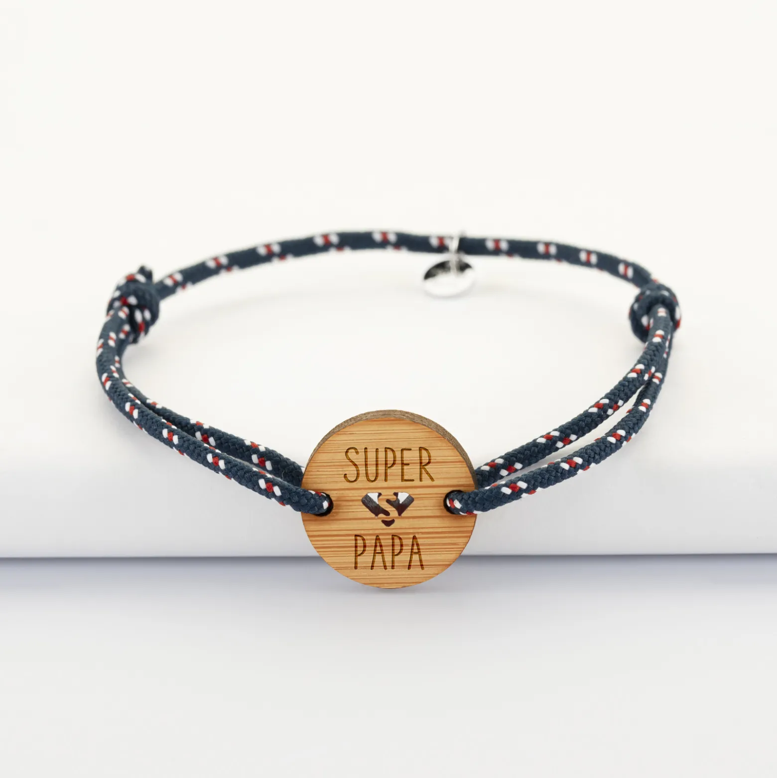 Bracelet homme cordage marine médaille gravée bois ronde 21 mm - Edition spéciale "Super Papa"
